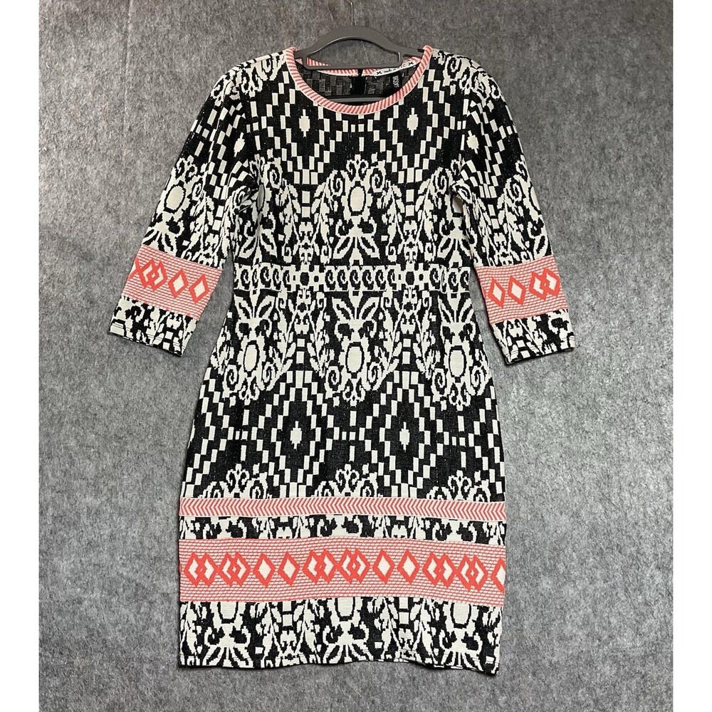 Yoana Baraschi Dress Womens Medium Black Geometric Sheath 3/4 Sleeve Knee Length